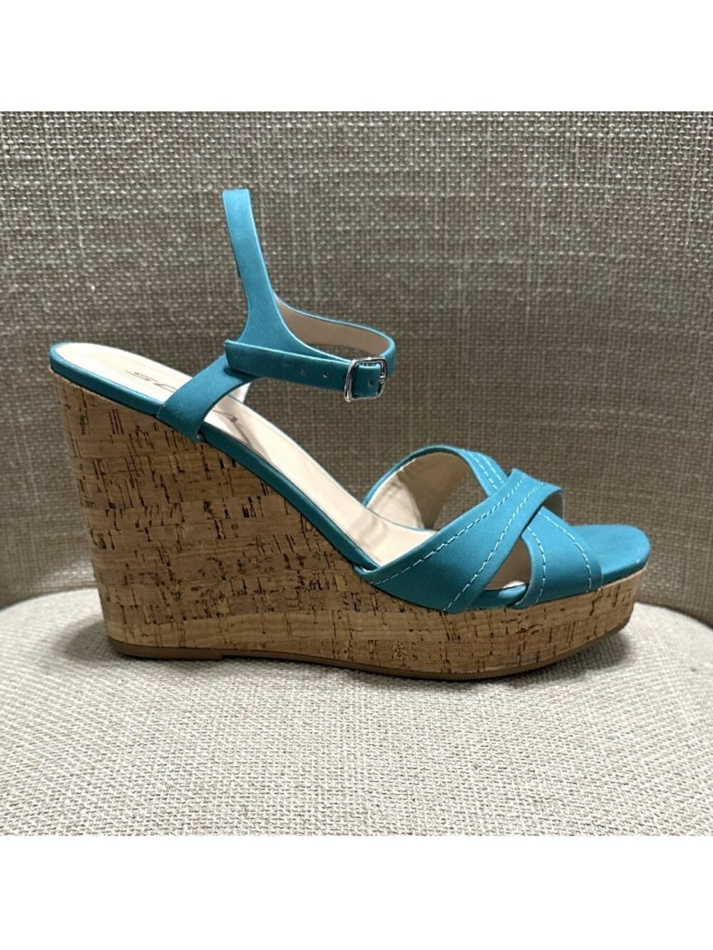 Soda Aqua Blue Cork Wedge Heel Sandals Ankle Strap Size 8.5